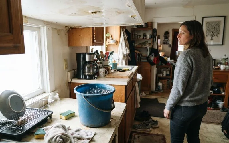 A homeowner places a bucket under an active ceiling leak during a storm while water drips from a stained ceiling patch