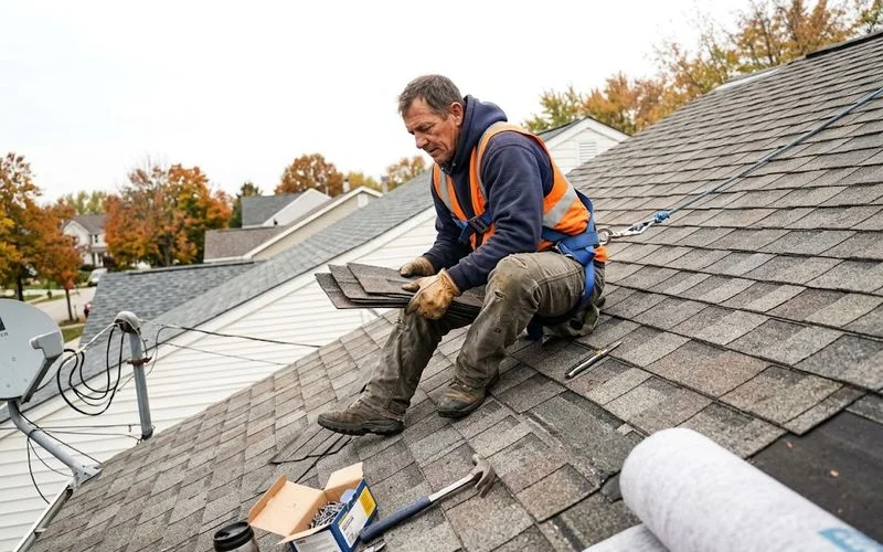 A homeowner stands cautiously near the edge of a steep asphalt shingle roof holding a tool, illustrating the fall risk of DIY roof work