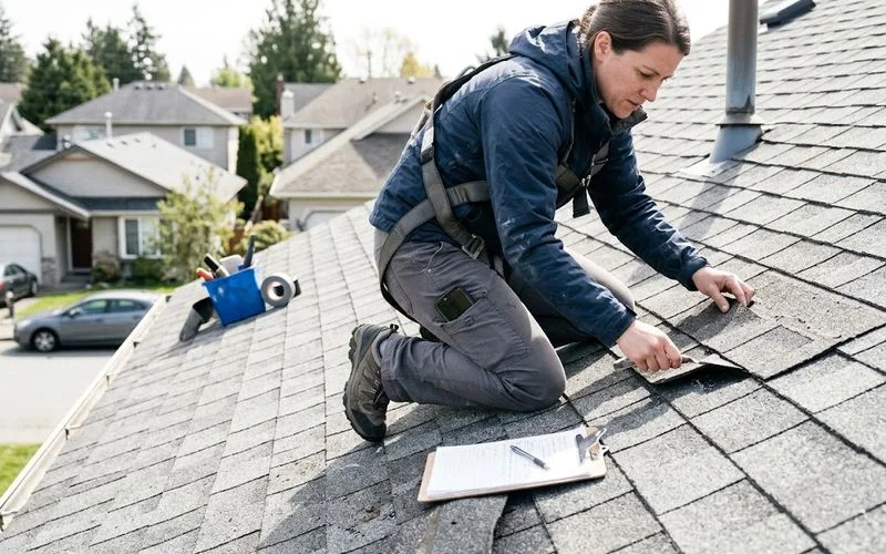 A roofing inspector climbs a ladder to check shingles and flashing on a home's roofline, holding a clipboard and camera